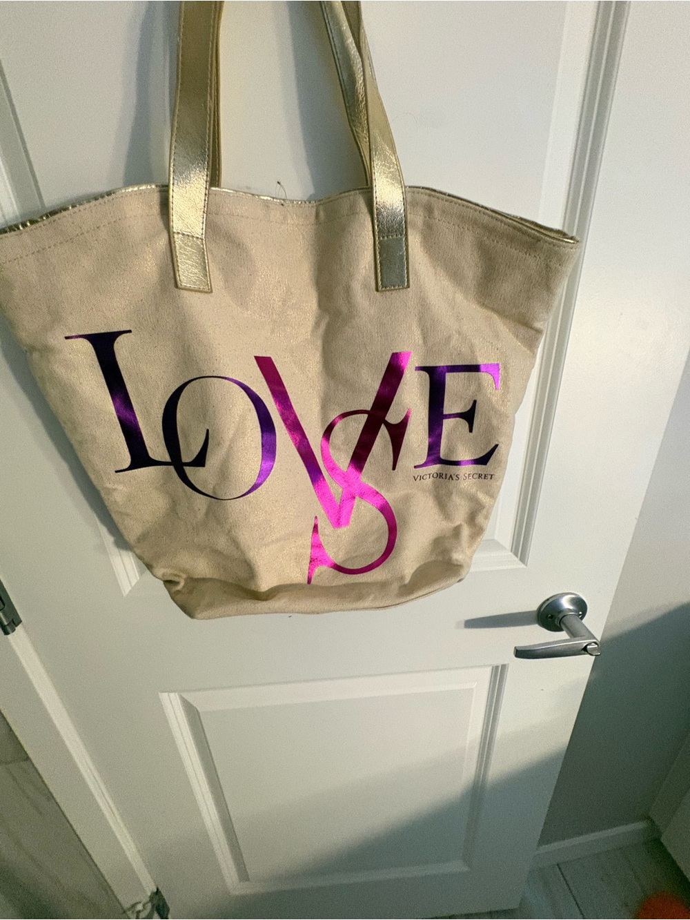 Victoria's Secret Beige Canvas Tote with Metallic Pink Logo and Gold Handles